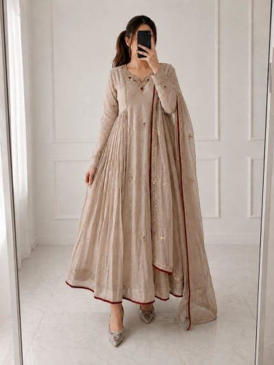 MUL CHANDERI ANARKALI KURTA 3 PCS SET - STITCHED