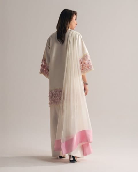 Heavy Natural Crepe Silk with Hand Work Top view 3