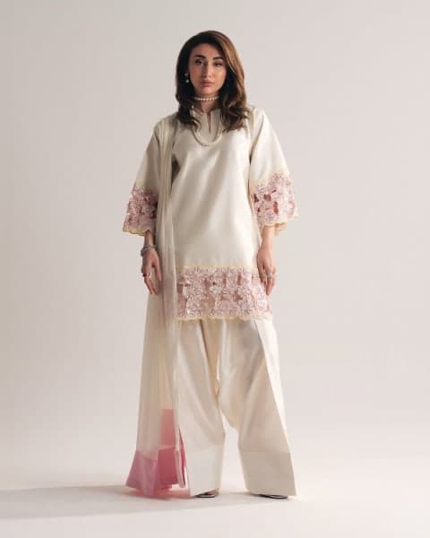 Heavy Natural Crepe Silk with Hand Work Top view 2