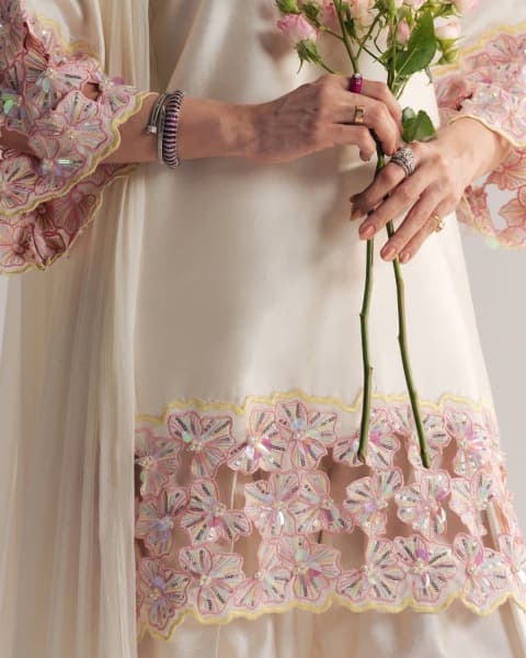 Heavy Natural Crepe Silk with Hand Work Top view 4