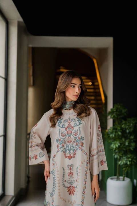 Beige Botanical Printed Kaftan view 3