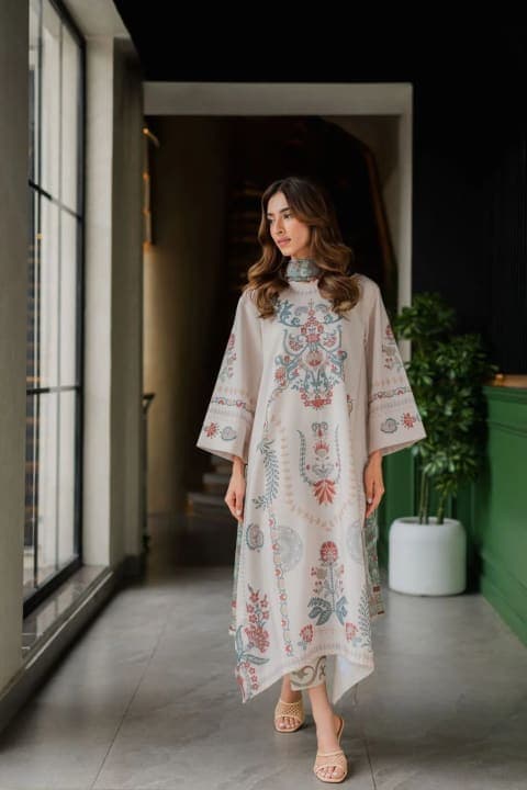 Beige Botanical Printed Kaftan view 5