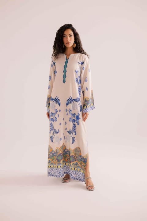 Ivory & Blue Botanical Printed Kaftan view 1