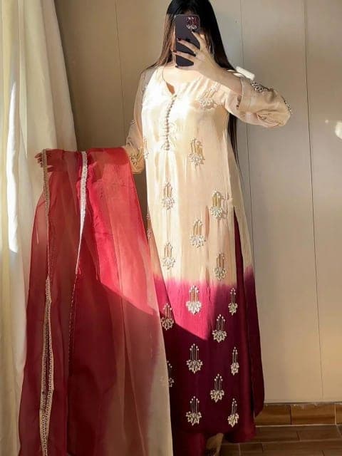 Champagne & Crimson Ombre Embellished Kurta Set view 1