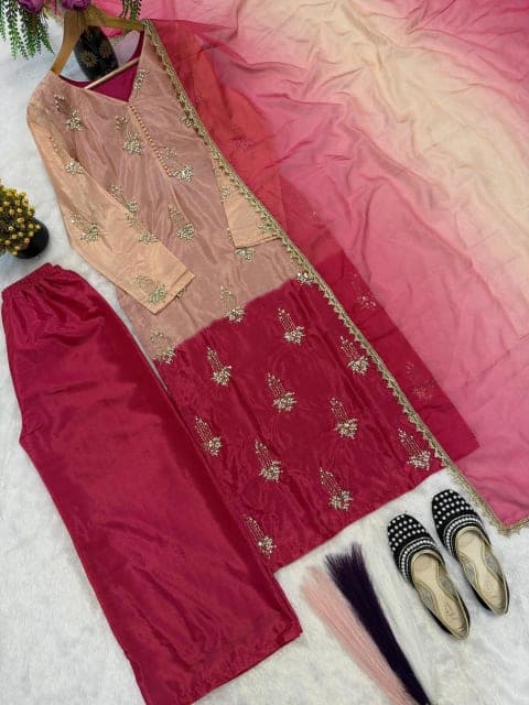 Champagne & Crimson Ombre Embellished Kurta Set view 6