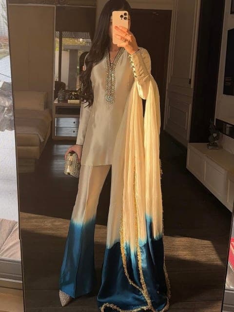 Ivory & Teal Ombre Embroidered Kurta Set view 2