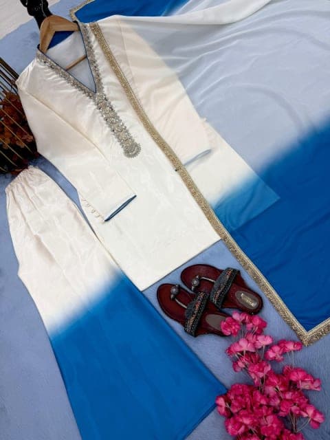 Ivory & Teal Ombre Embroidered Kurta Set view 4