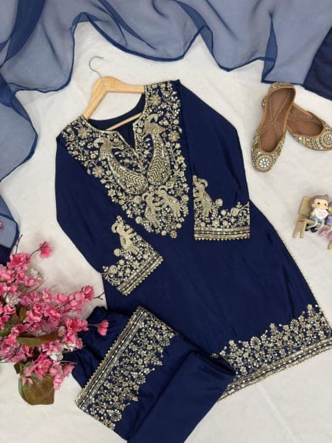 Midnight Blue Embroidered Kurta Set view 3