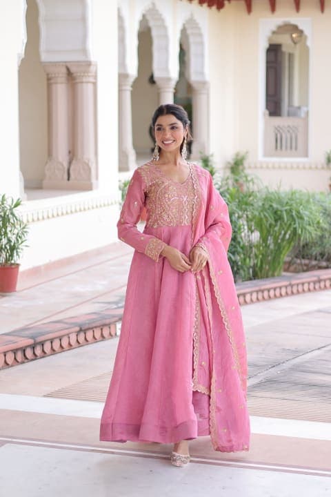 GOLD CRUSH ZARI EMBROIDERED ANARKALI GOWN WITH DUPATTA view 1