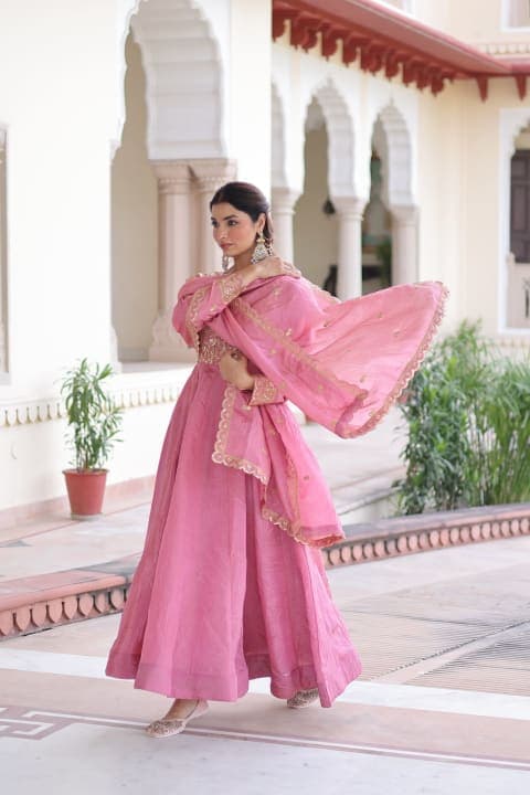 GOLD CRUSH ZARI EMBROIDERED ANARKALI GOWN WITH DUPATTA view 3