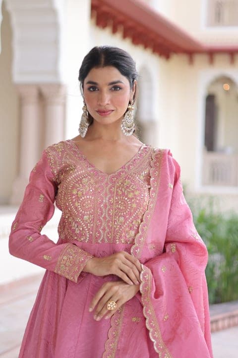 GOLD CRUSH ZARI EMBROIDERED ANARKALI GOWN WITH DUPATTA view 4