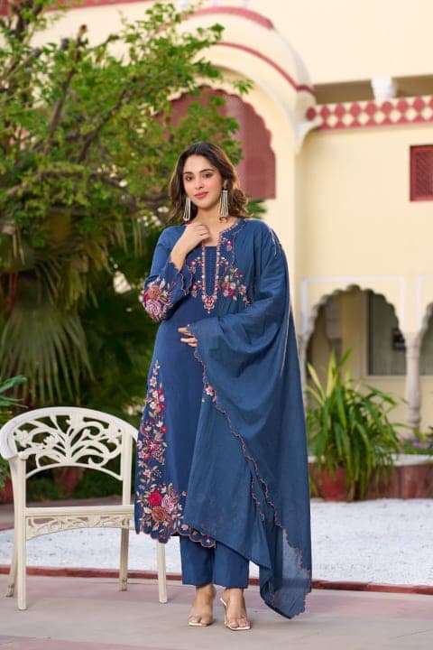 Premium cotton slub 3 piece suit set with Mul cotton dupatta view 1