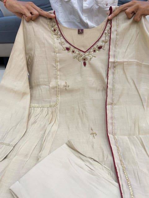 MUL CHANDERI ANARKALI KURTA 3 PCS SET - STITCHED view 3