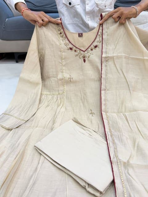 MUL CHANDERI ANARKALI KURTA 3 PCS SET - STITCHED view 4