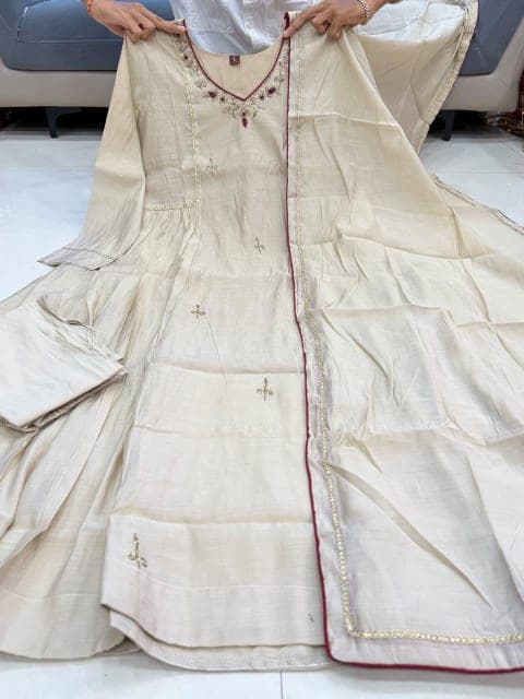 MUL CHANDERI ANARKALI KURTA 3 PCS SET - STITCHED view 5