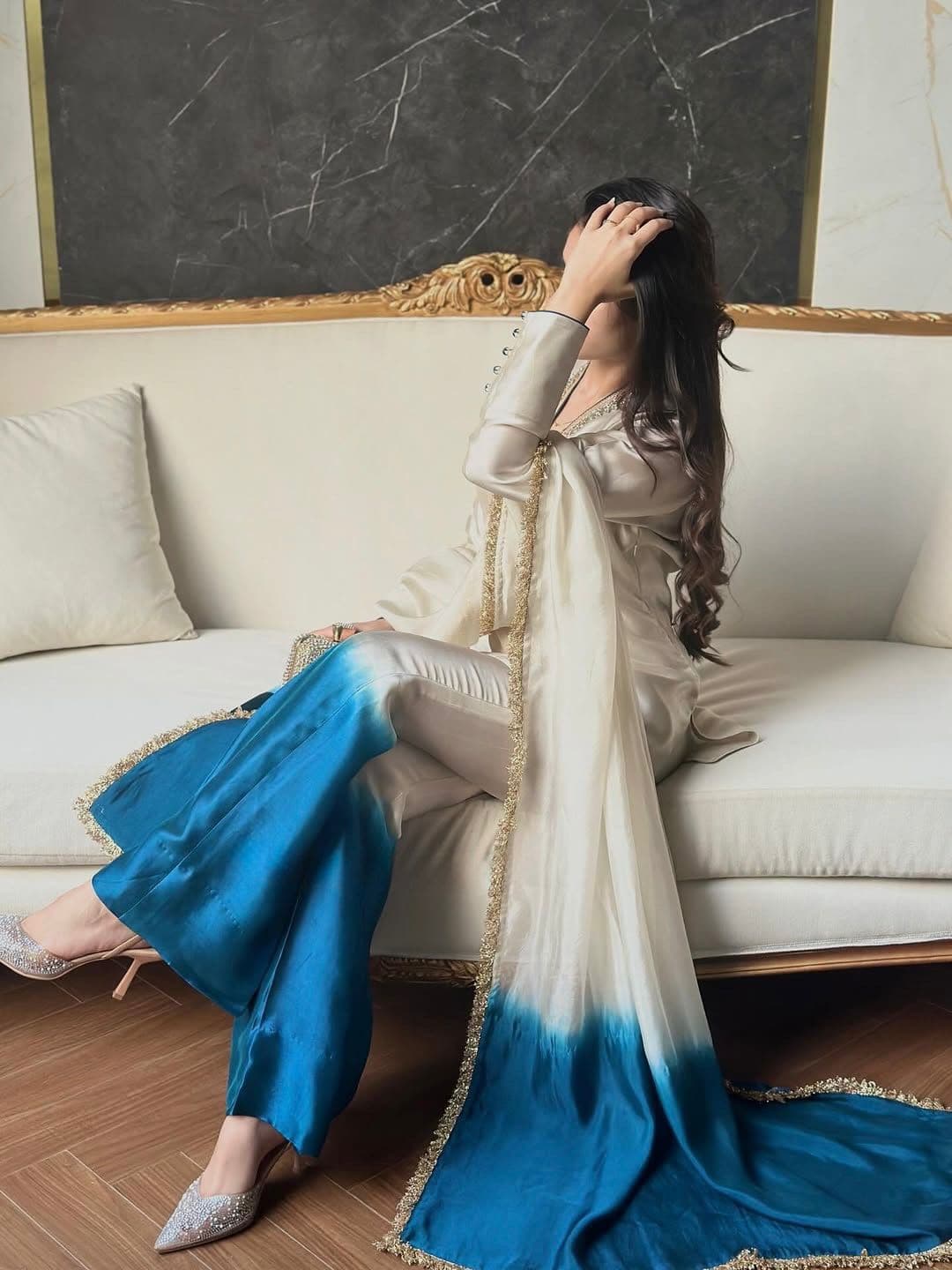 Ivory & Teal Ombre Embroidered Kurta Set