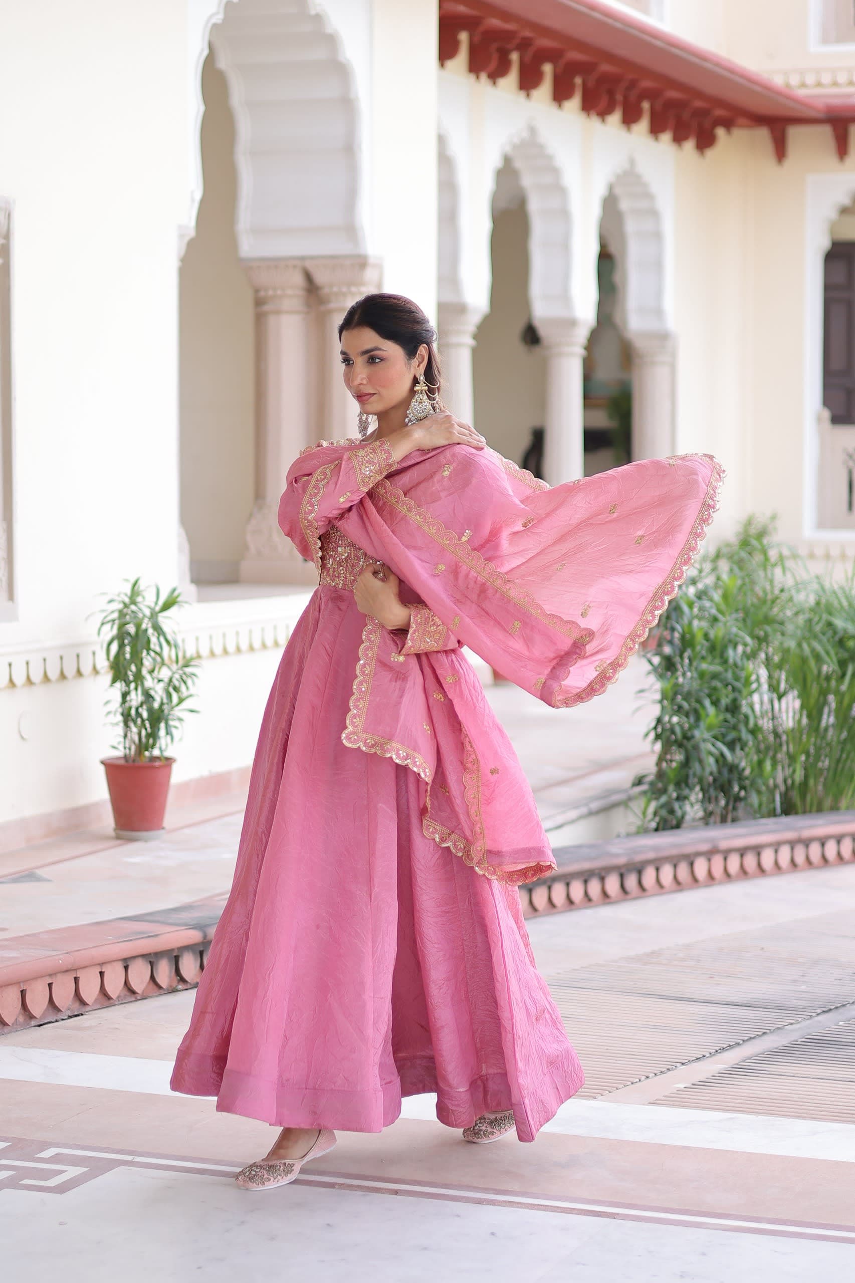 GOLD CRUSH ZARI EMBROIDERED ANARKALI GOWN WITH DUPATTA view 3