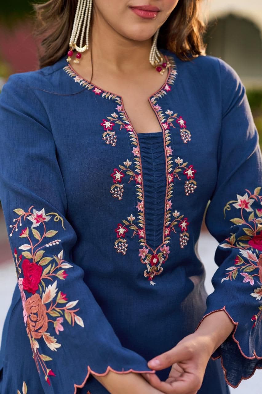 Premium cotton slub 3 piece suit set with Mul cotton dupatta view 2