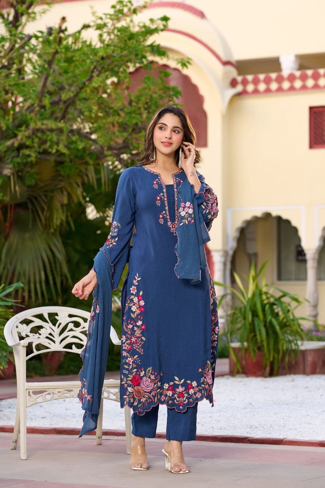 Premium cotton slub 3 piece suit set with Mul cotton dupatta view 3
