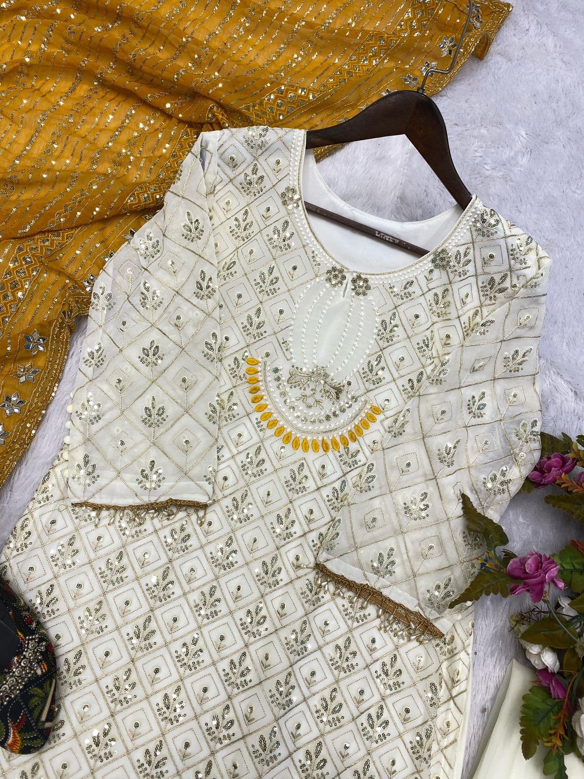 FOX GEORGETTE WITH SEQUENCE EMBROIDERY AND REAL MIRROR DUPATTA