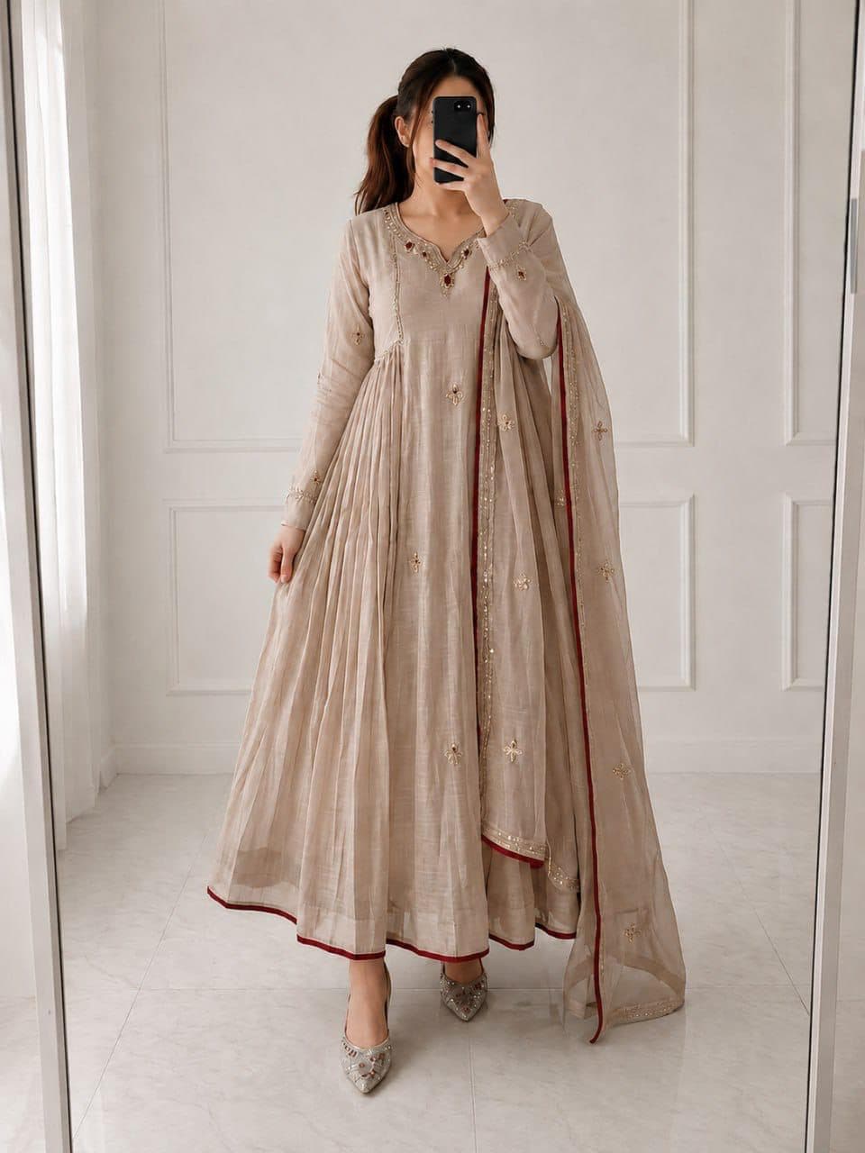 MUL CHANDERI ANARKALI KURTA 3 PCS SET - STITCHED